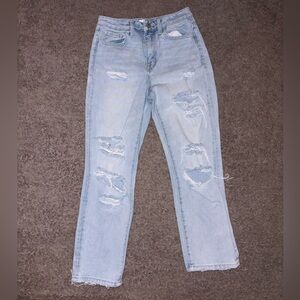 Women's Light Blue Distressed Straight Leg Jeans